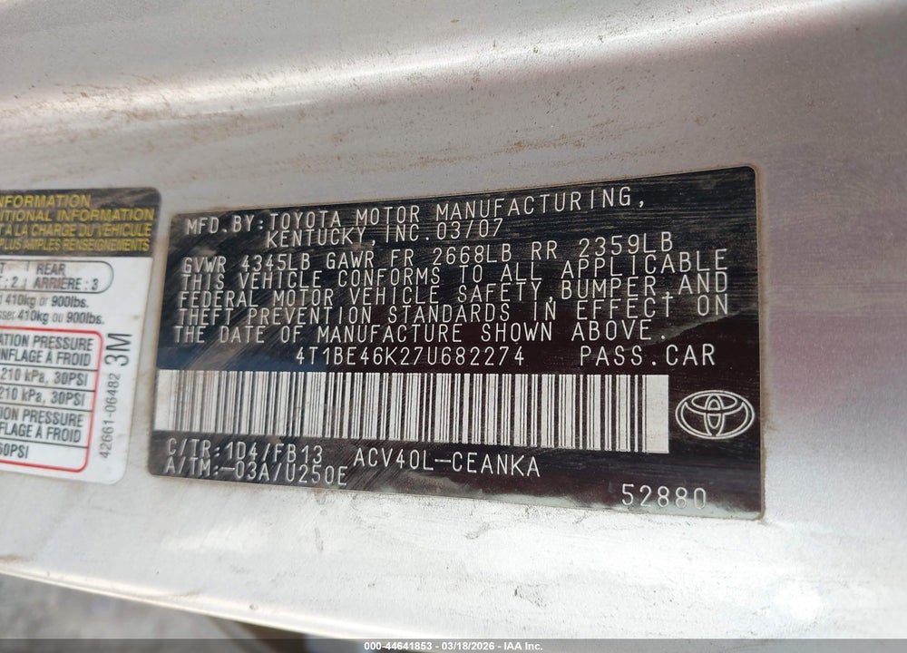 2007 TOYOTA CAMRY LE VIN: 4T1BE46K27U682274