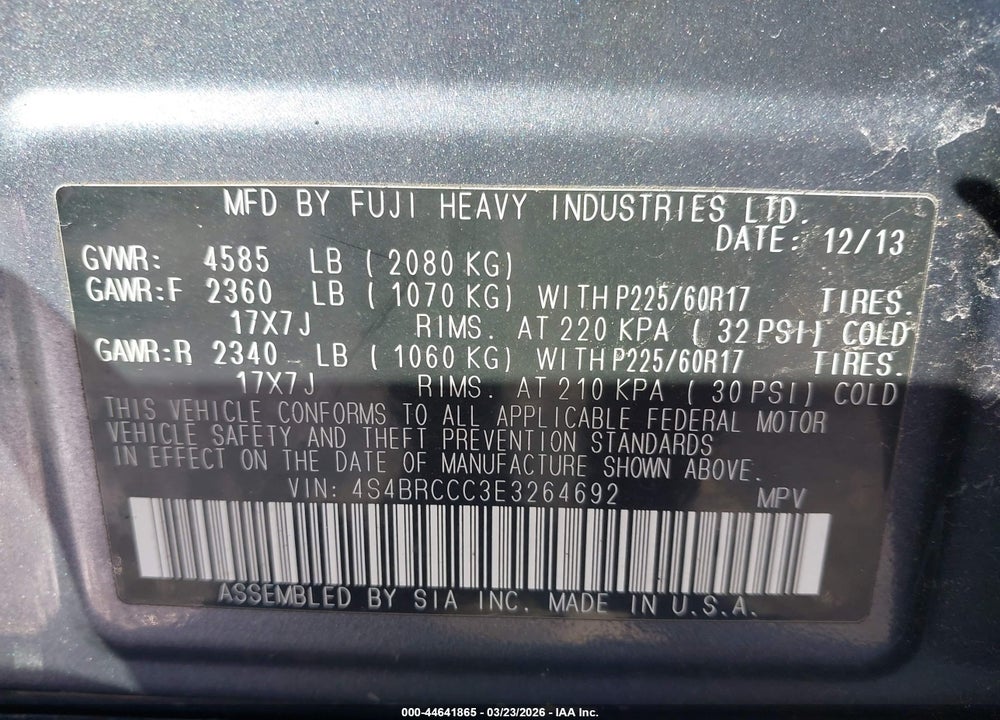 2014 SUBARU OUTBACK 2.5I PREMIUM VIN: 4S4BRCCC3E3264692