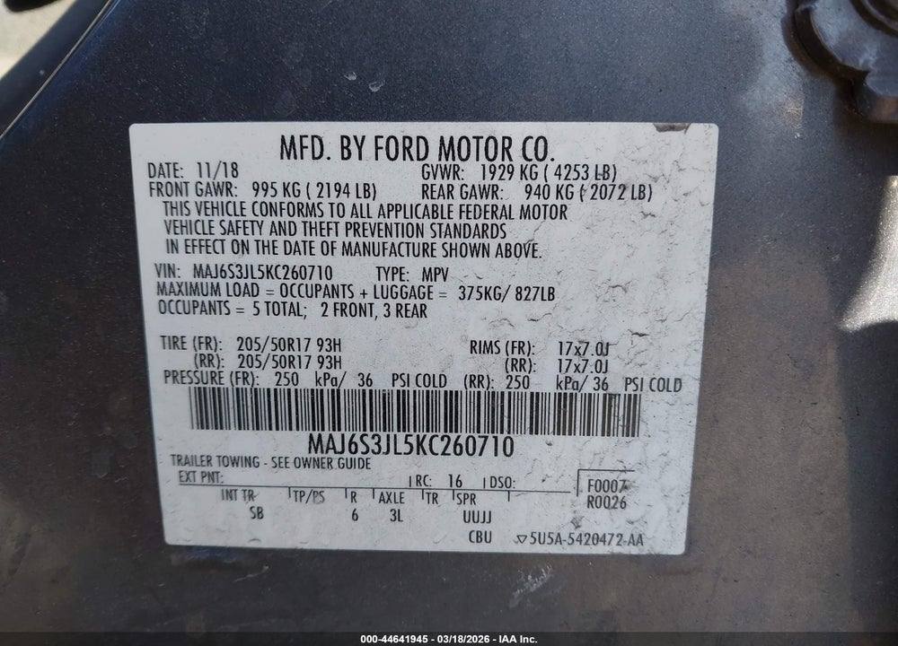 2019 FORD ECOSPORT SES VIN: MAJ6S3JL5KC260710
