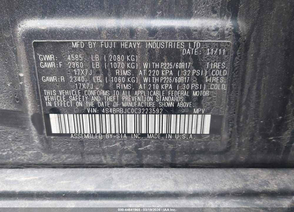 2012 SUBARU OUTBACK 2.5I LIMITED VIN: 4S4BRBJC0C3223592