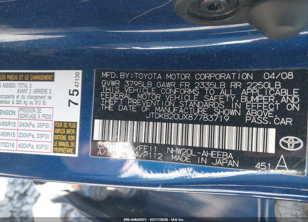 2008 TOYOTA PRIUS VIN: JTDKB20UX87783719