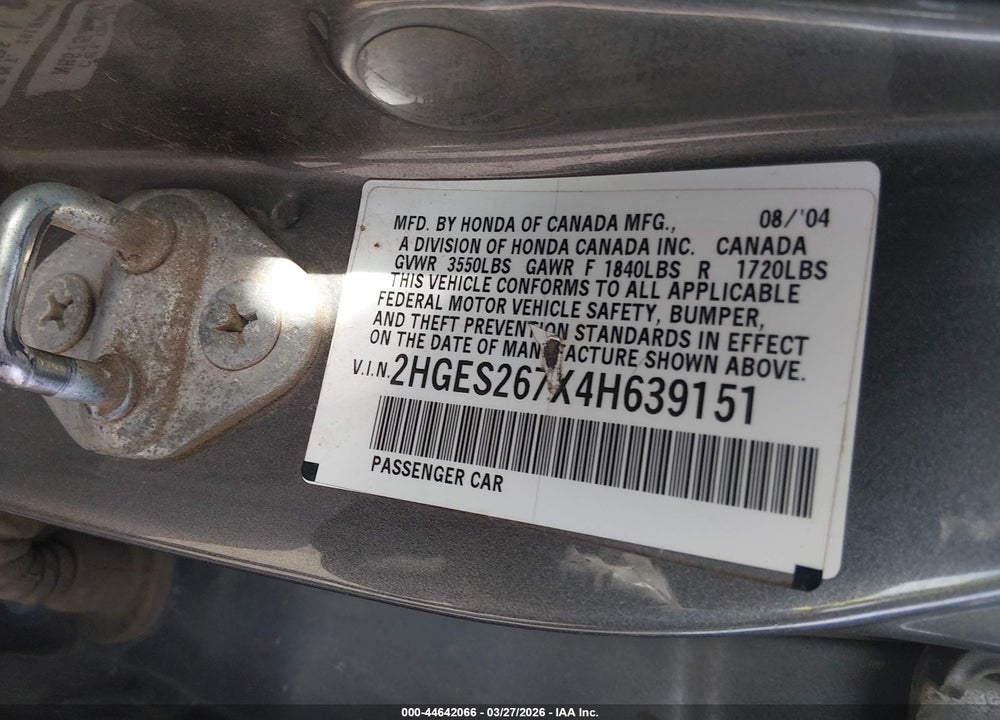 2004 HONDA CIVIC EX VIN: 2HGES267X4H639151