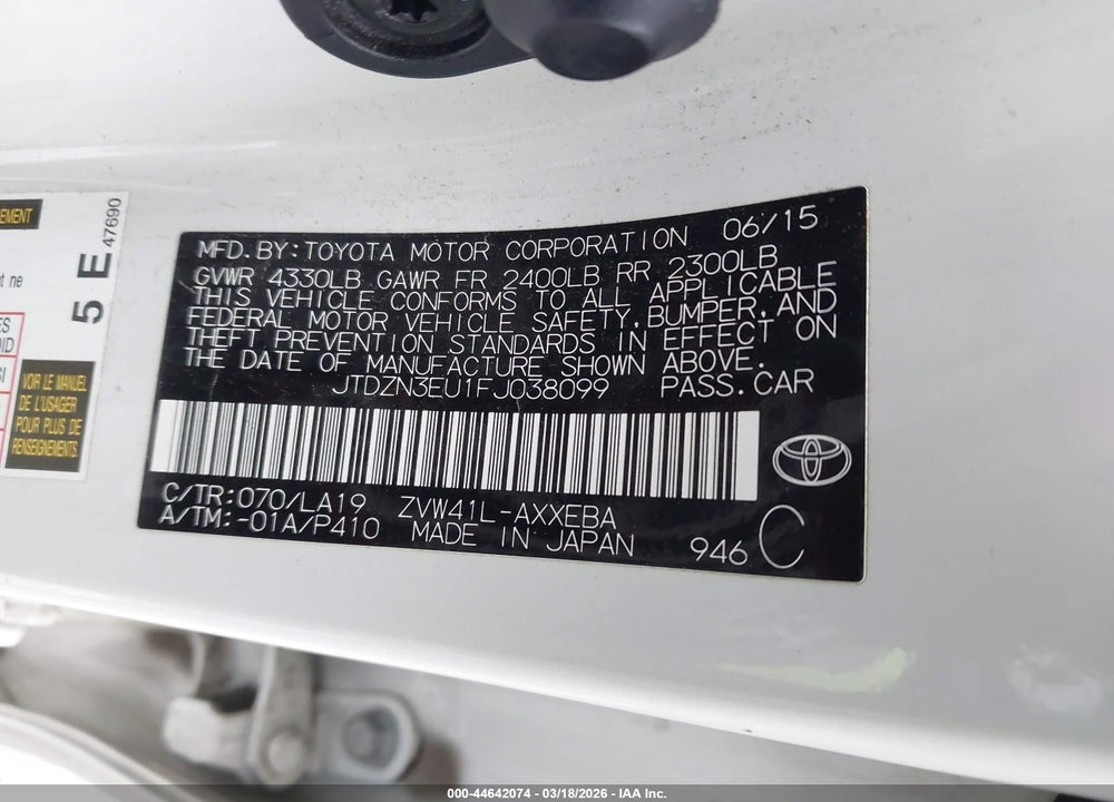 2015 TOYOTA PRIUS V FIVE VIN: JTDZN3EU1FJ038099