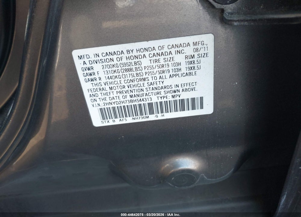 2011 ACURA MDX ADVANCE PACKAGE VIN: 2HNYD2H73BH544313