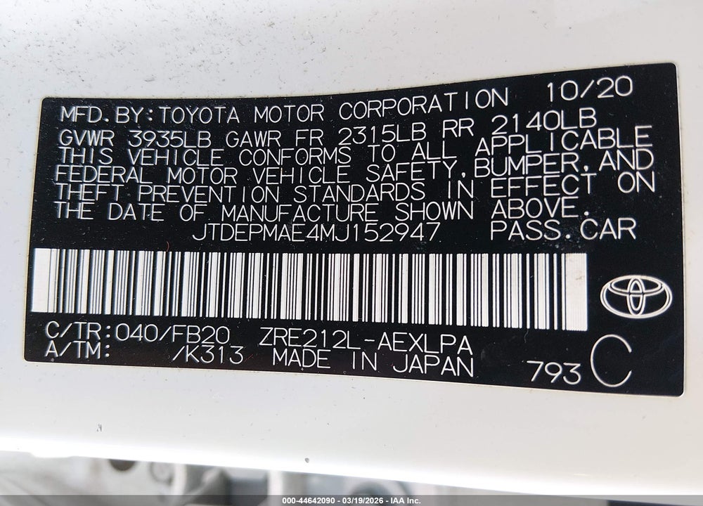2021 TOYOTA COROLLA LE VIN: JTDEPMAE4MJ152947
