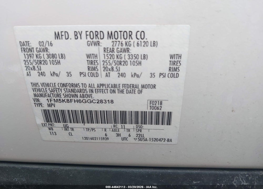 2016 FORD EXPLORER LIMITED VIN: 1FM5K8FH6GGC28318