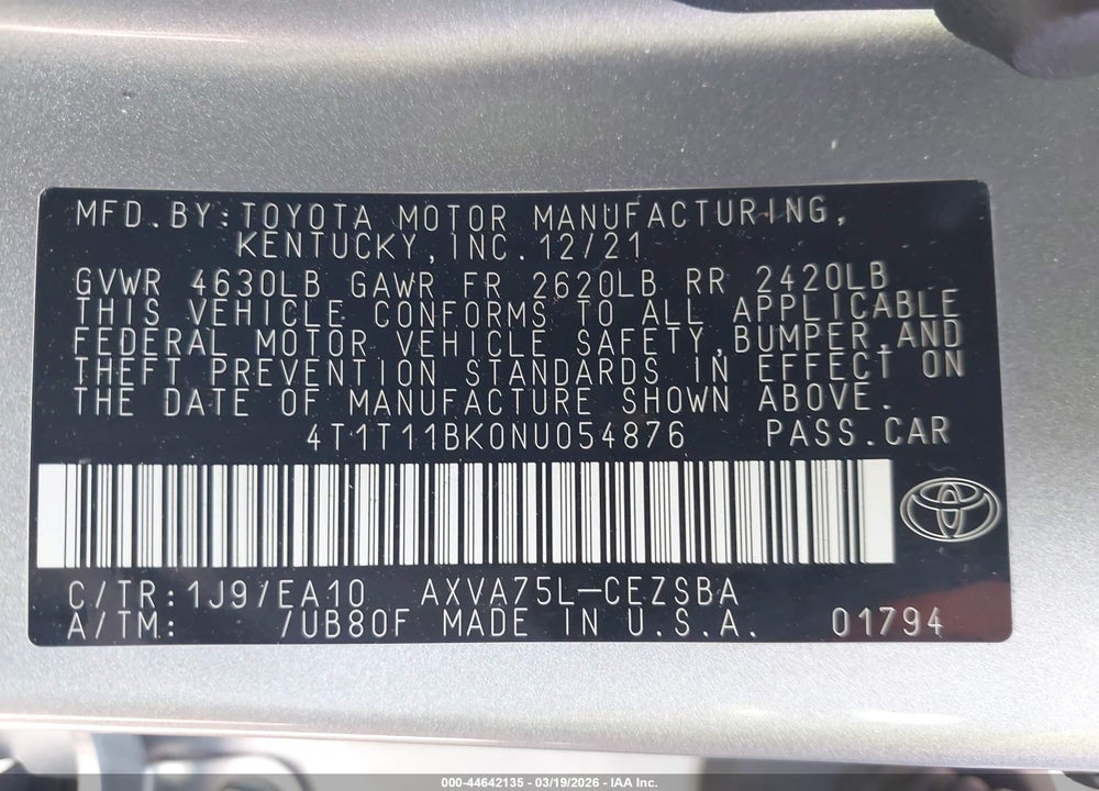 2022 TOYOTA CAMRY SE AWD VIN: 4T1T11BK0NU054876