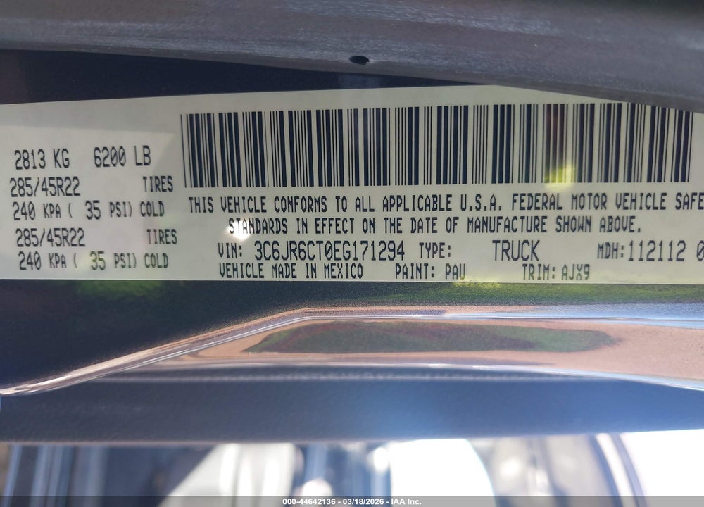 2014 RAM 1500 R/T VIN: 3C6JR6CT0EG171294