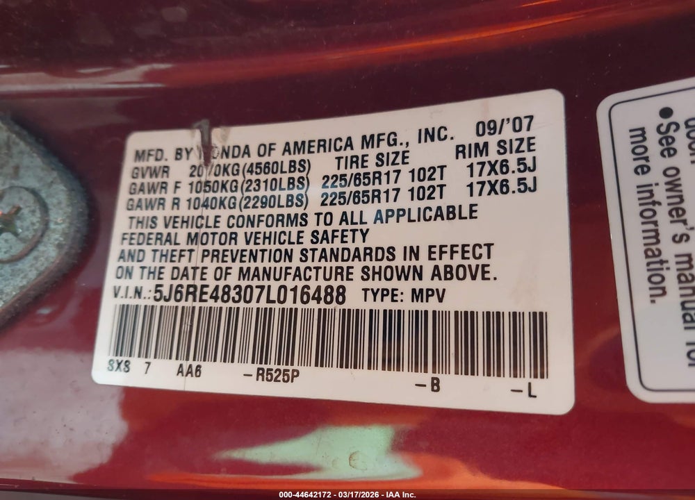 2007 HONDA CR-V LX VIN: 5J6RE48307L016488