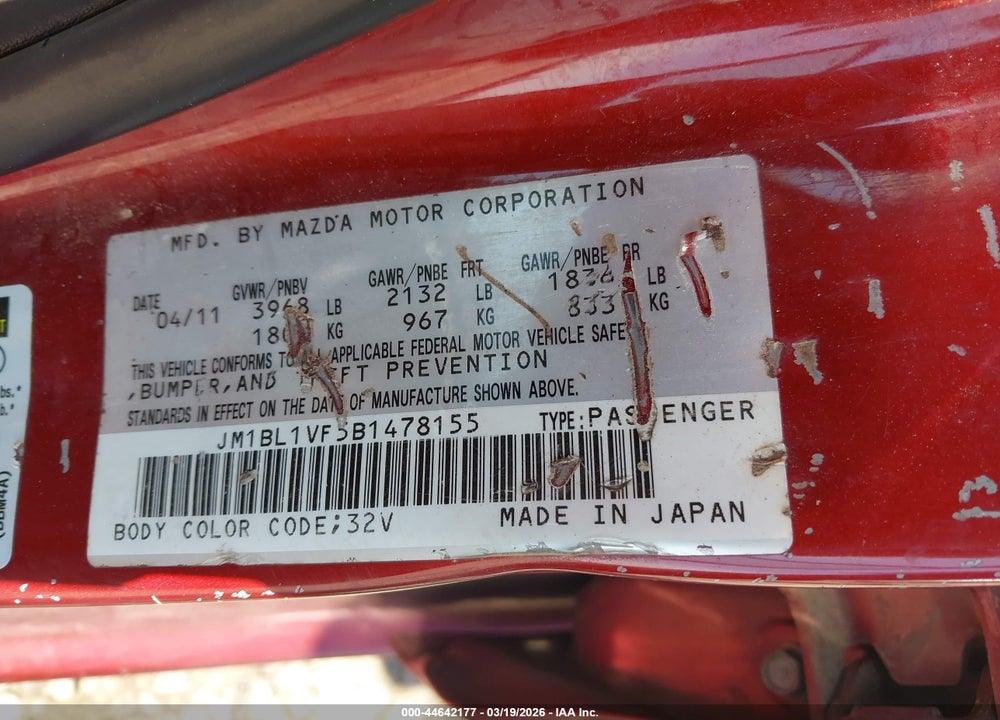 2011 MAZDA 3 I TOURING VIN: JM1BL1VF5B1478155