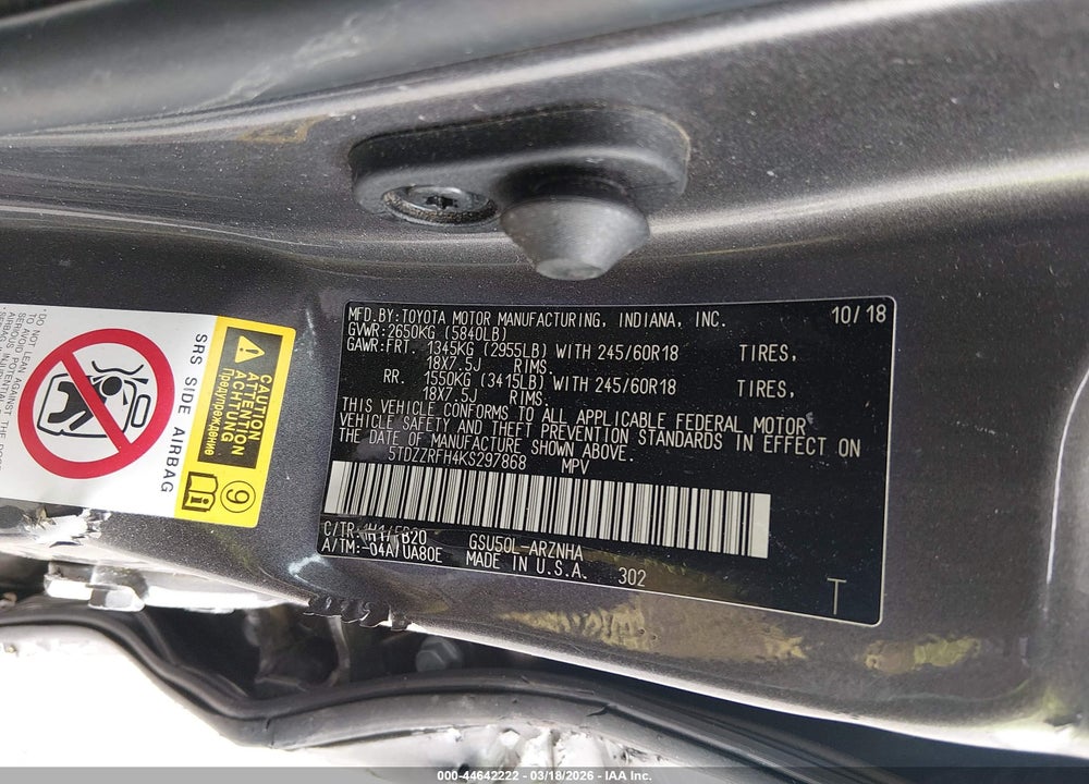 2019 TOYOTA HIGHLANDER LE VIN: 5TDZZRFH4KS297868