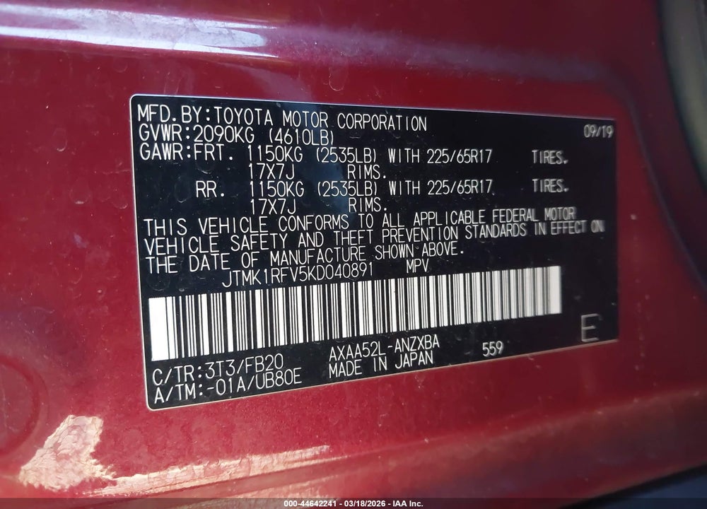 2019 TOYOTA RAV4 LE VIN: JTMK1RFV5KD040891