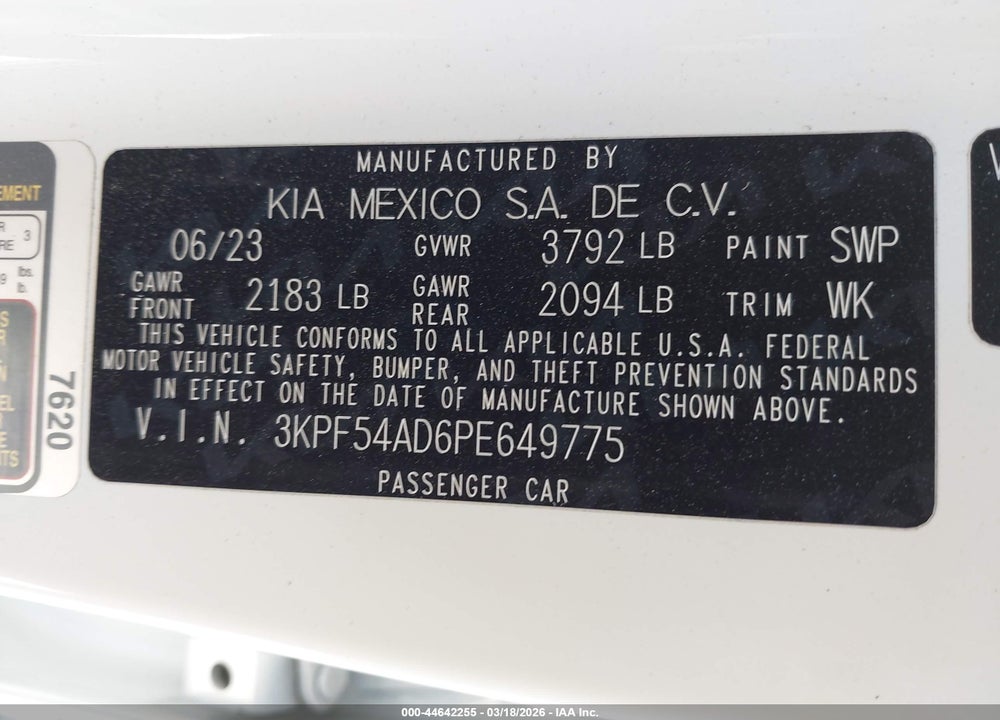 2023 KIA FORTE GT-LINE VIN: 3KPF54AD6PE649775