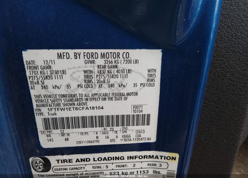 2012 FORD F-150 FX4 VIN: 1FTFW1ET8CFA18104