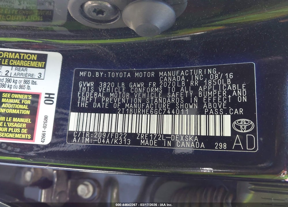 2016 TOYOTA COROLLA S PLUS VIN: 2T1BURHE6GC744011