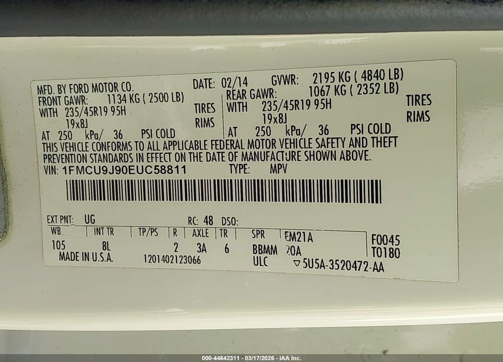 2014 FORD ESCAPE TITANIUM VIN: 1FMCU9J90EUC58811