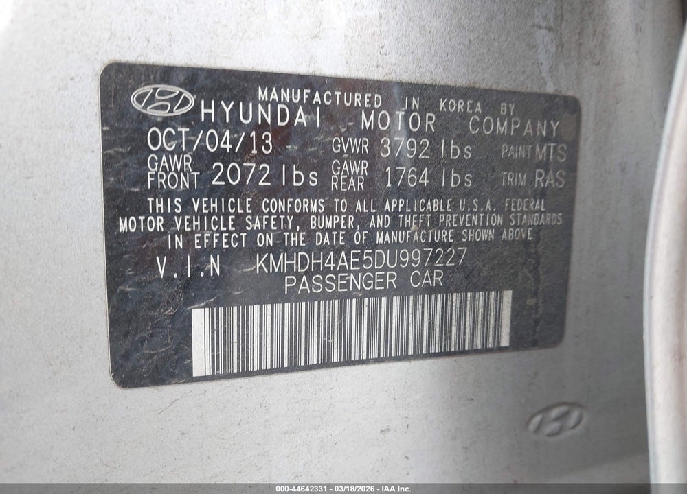 2013 HYUNDAI ELANTRA GLS VIN: KMHDH4AE5DU997227