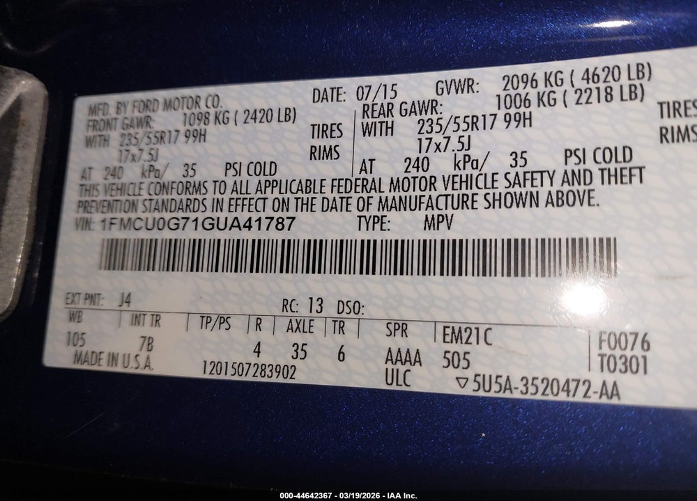 2016 FORD ESCAPE SE VIN: 1FMCU0G71GUA41787