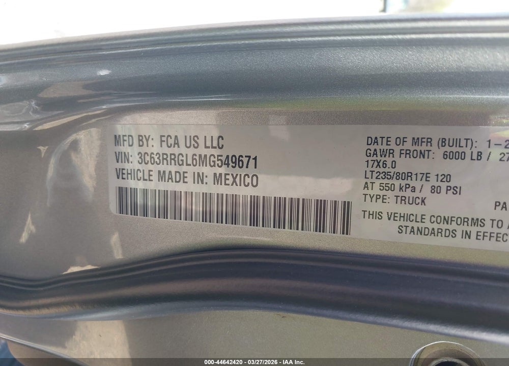 2021 RAM 3500 TRADESMAN  4X4 8' BOX VIN: 3C63RRGL6MG549671