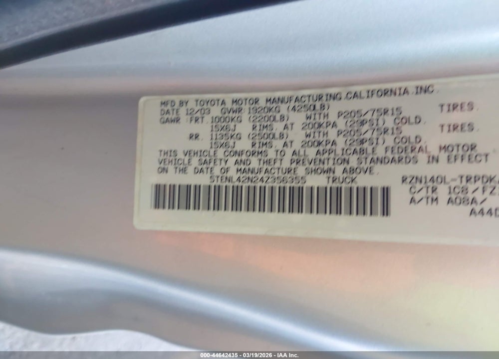 2004 TOYOTA TACOMA VIN: 5TENL42N24Z356355