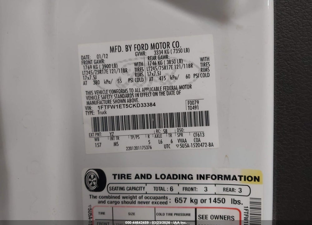 2012 FORD F-150 XLT VIN: 1FTFW1ET5CKD33384