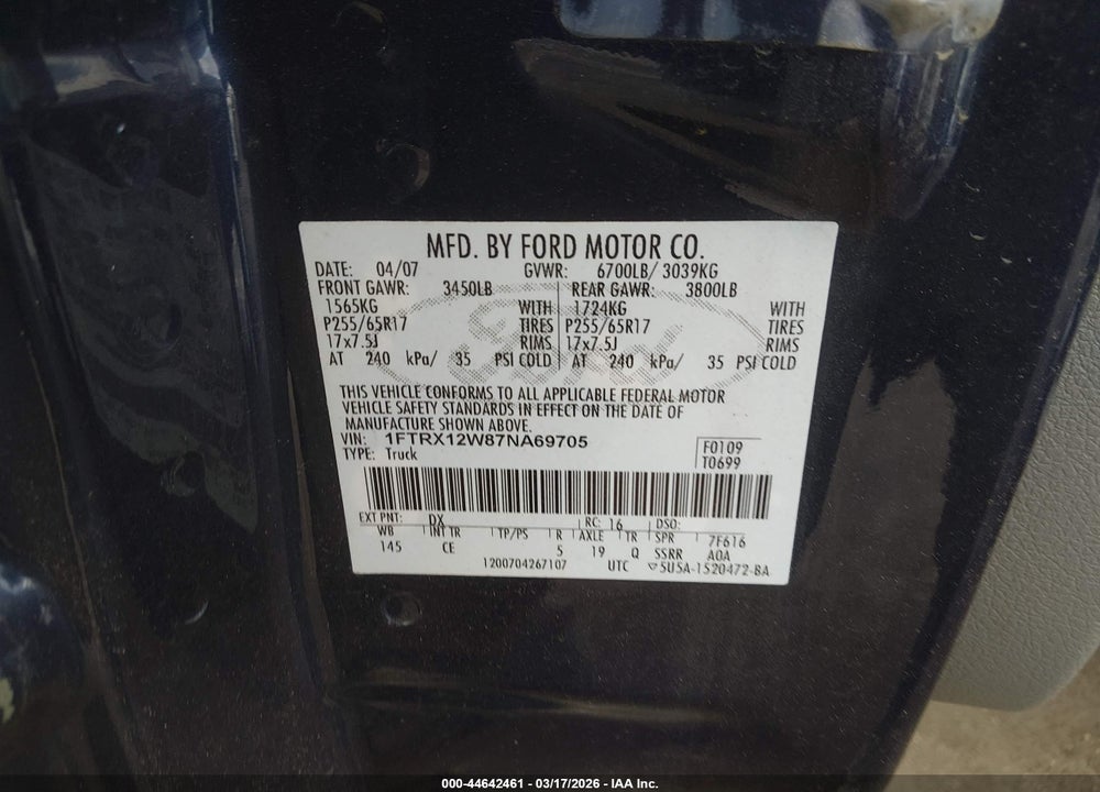 2007 FORD F-150 STX/XL/XLT VIN: 1FTRX12W87NA69705
