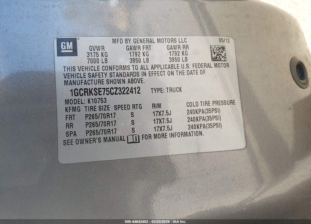 2012 CHEVROLET SILVERADO 1500 LT VIN: 1GCRKSE75CZ322412