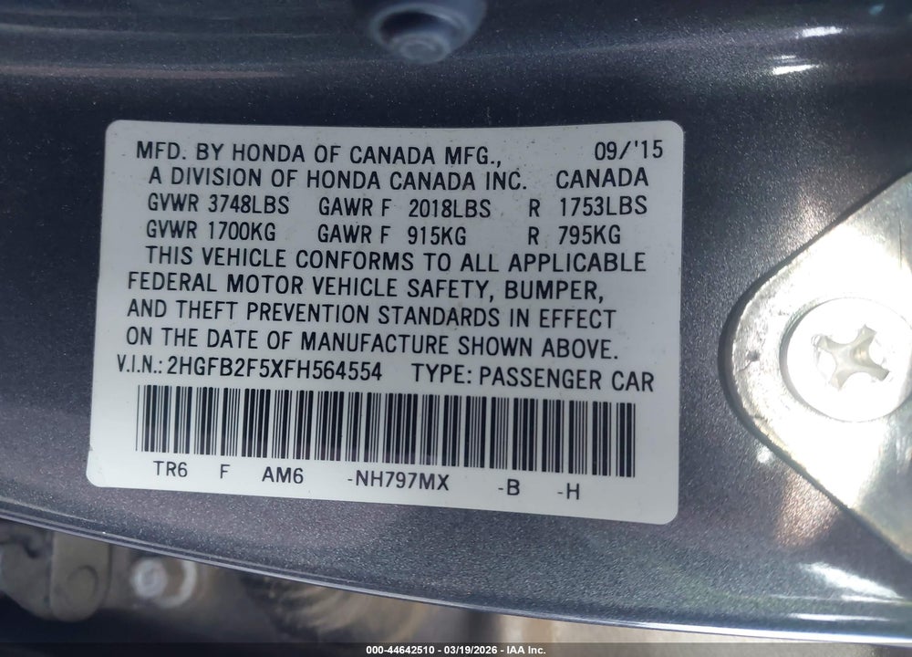 2015 HONDA CIVIC LX VIN: 2HGFB2F5XFH564554