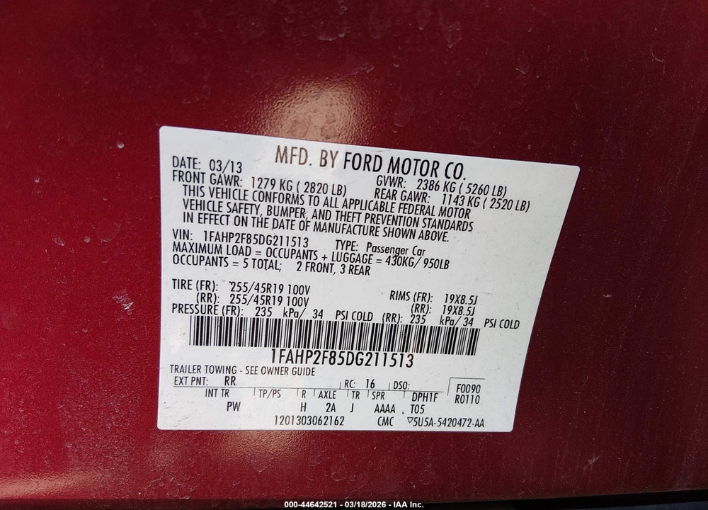 2013 FORD TAURUS LIMITED VIN: 1FAHP2F85DG211513