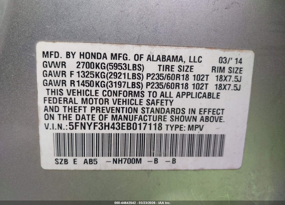 2014 HONDA PILOT EX VIN: 5FNYF3H43EB017118
