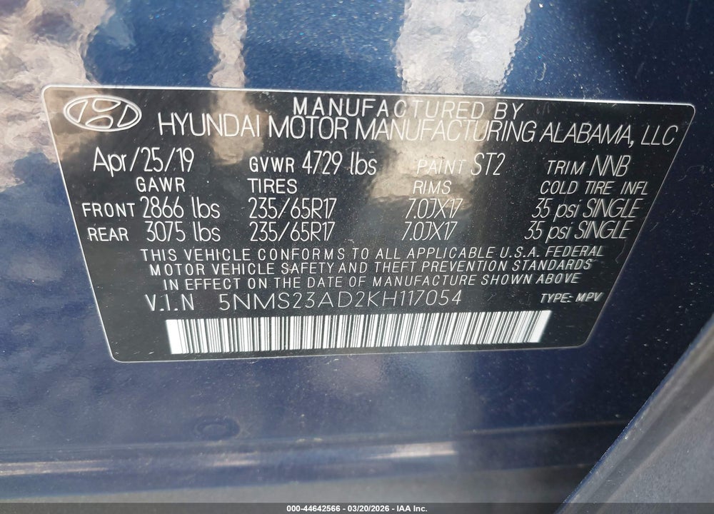 2019 HYUNDAI SANTA FE SE VIN: 5NMS23AD2KH117054