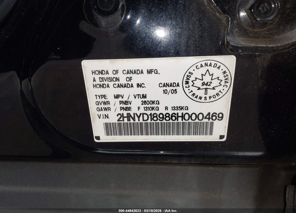 2006 ACURA MDX VIN: 2HNYD18986H000469