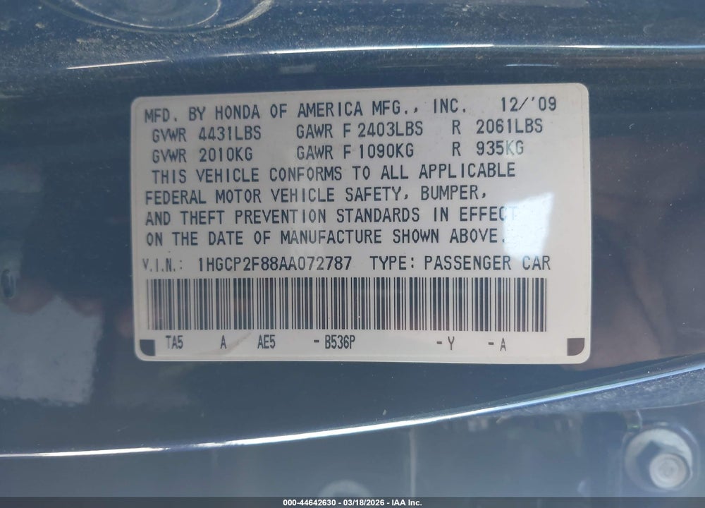 2010 HONDA ACCORD 2.4 EX-L VIN: 1HGCP2F88AA072787
