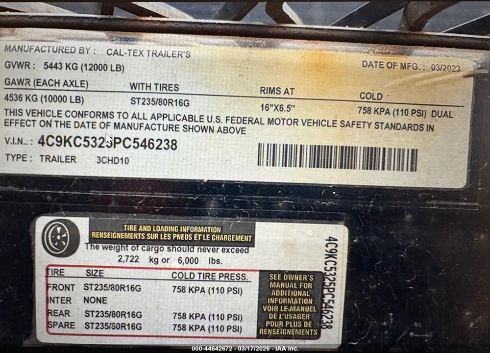 2023 CAL TEX 3CHW48 VIN: 4C9KC5325PC546238