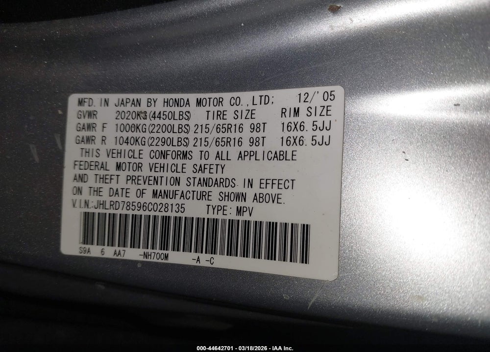 2006 HONDA CR-V LX VIN: JHLRD78596C028135
