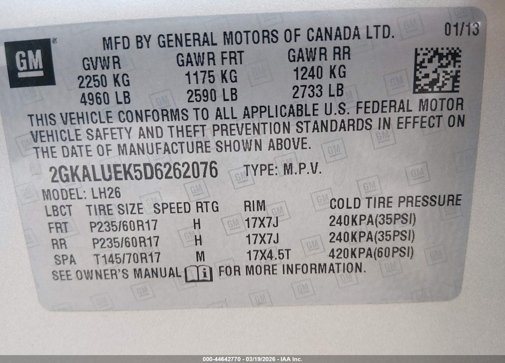 2013 GMC TERRAIN SLT-1 VIN: 2GKALUEK5D6262076