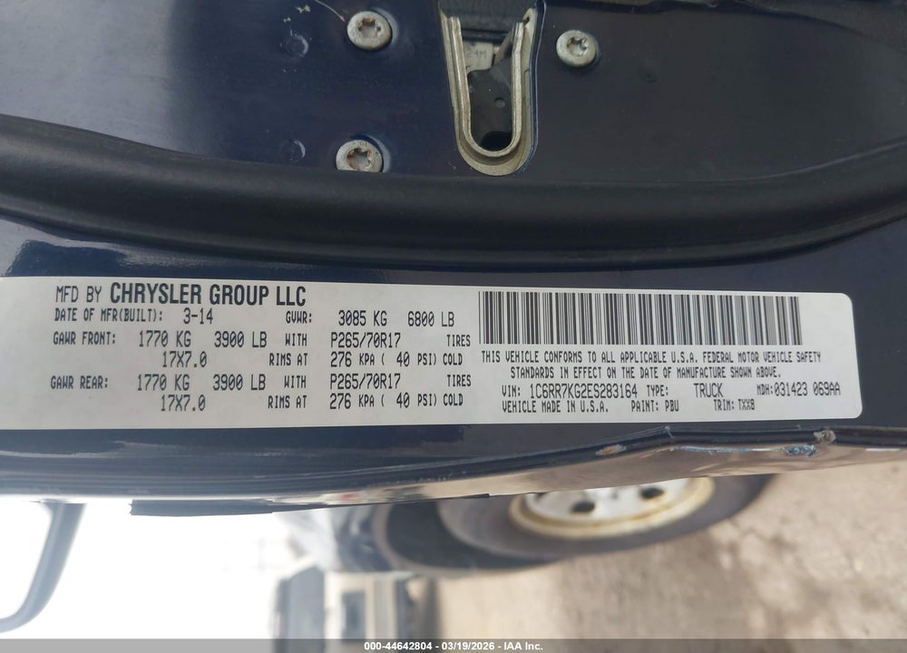 2014 RAM 1500 TRADESMAN VIN: 1C6RR7KG2ES283164