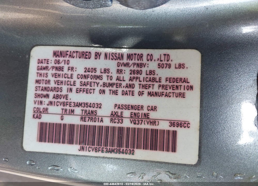 2010 INFINITI G37 VIN: JN1CV6FE3AM354032
