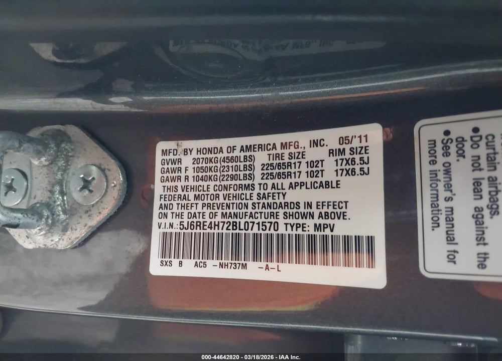 2011 HONDA CR-V EX-L VIN: 5J6RE4H72BL071570