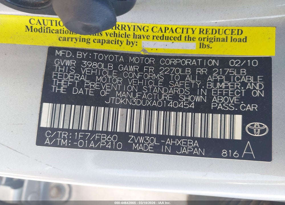 2010 TOYOTA PRIUS III VIN: JTDKN3DUXA0140454