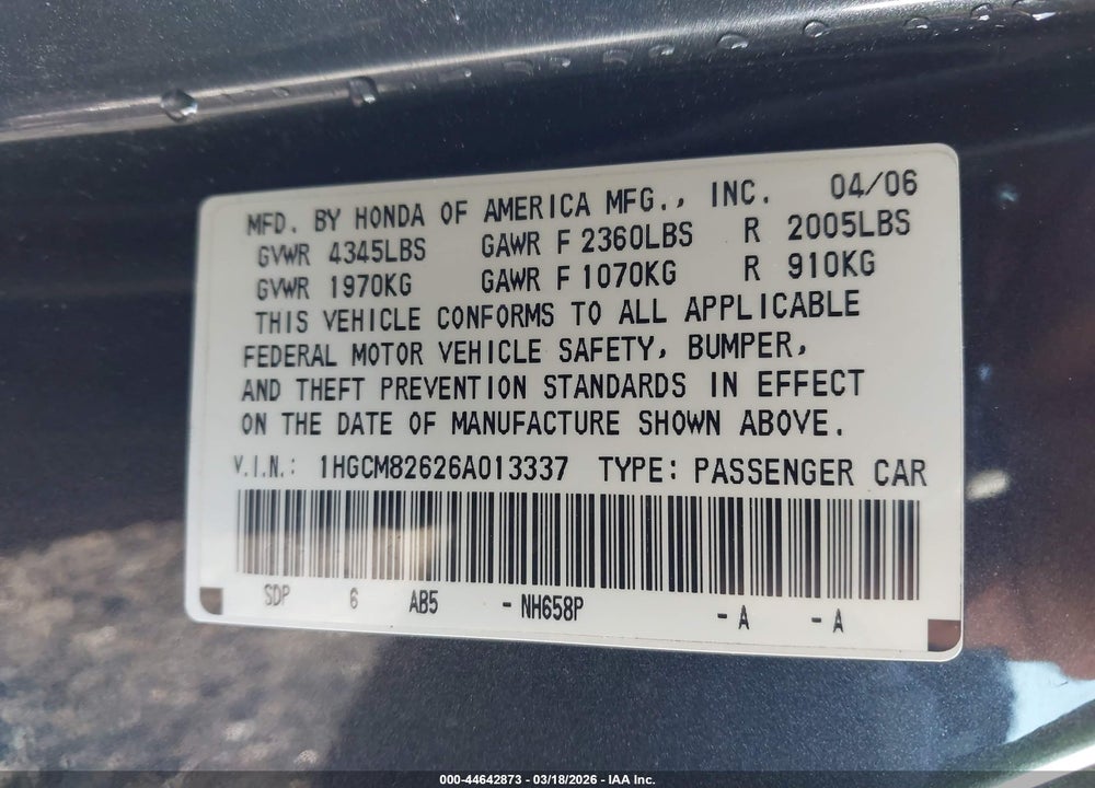 2006 HONDA ACCORD 3.0 EX VIN: 1HGCM82626A013337