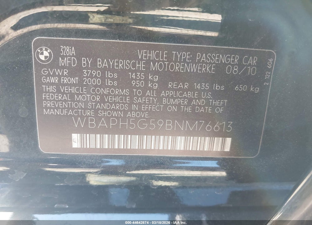 2011 BMW 328I VIN: WBAPH5G59BNM76613