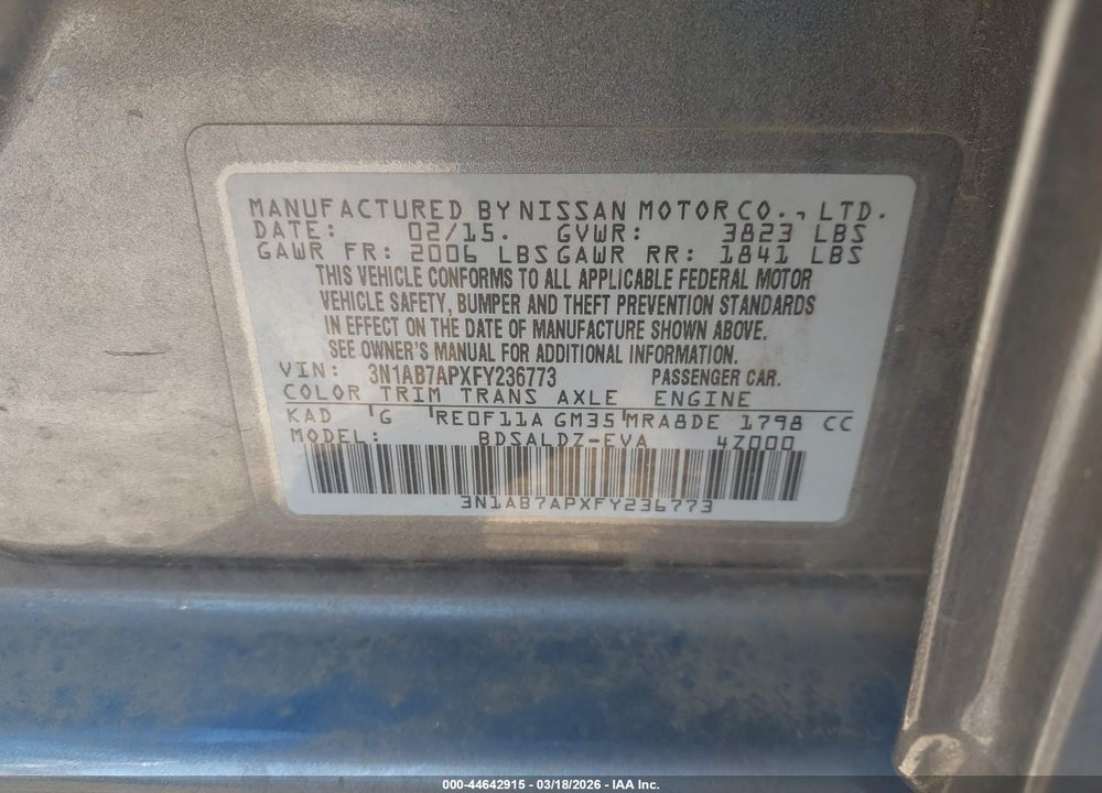 2015 NISSAN SENTRA FE+ S/S/SL/SR/SV VIN: 3N1AB7APXFY236773