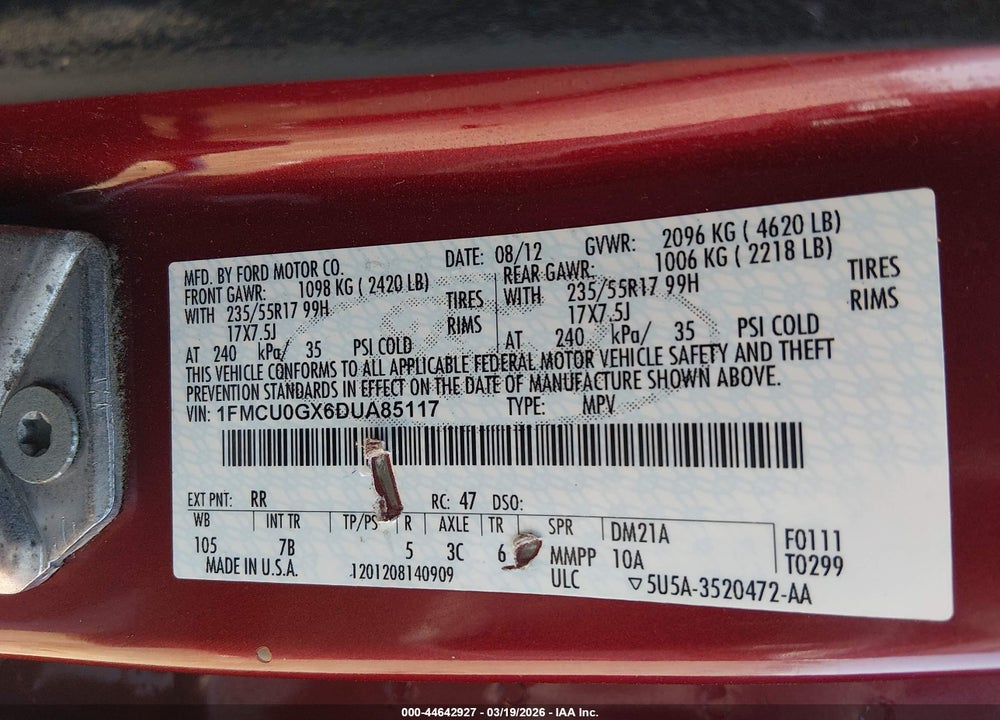 2013 FORD ESCAPE SE VIN: 1FMCU0GX6DUA85117