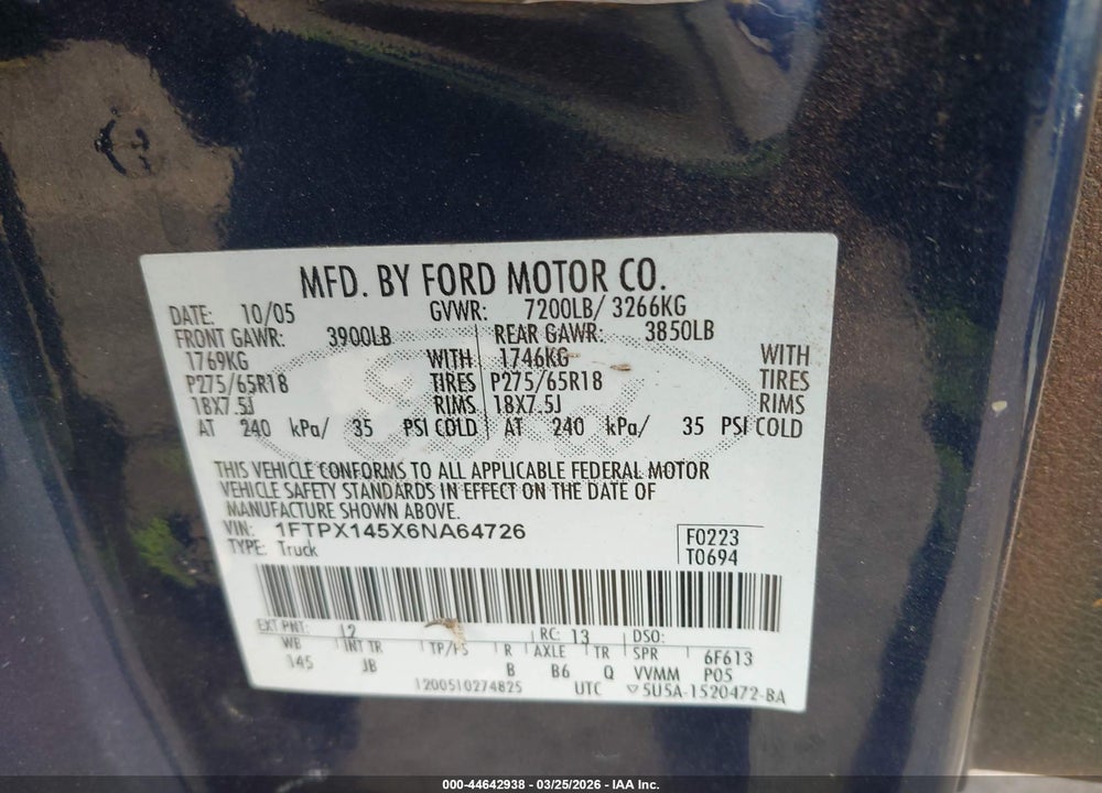 2006 FORD F-150 FX4/LARIAT/XL/XLT VIN: 1FTPX145X6NA64726