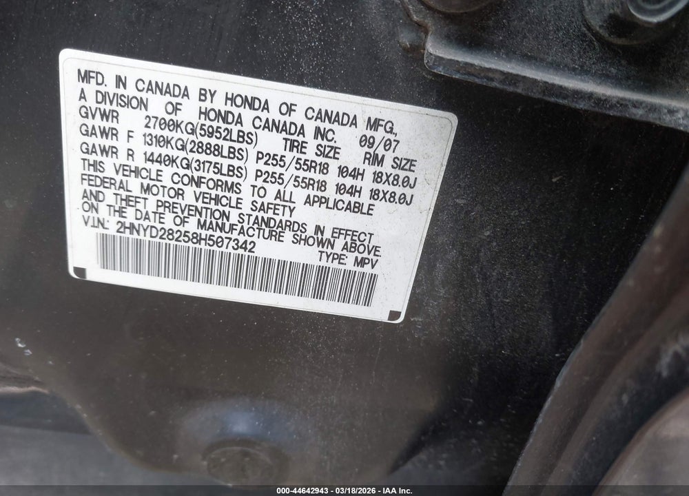 2008 ACURA MDX VIN: 2HNYD28258H507342