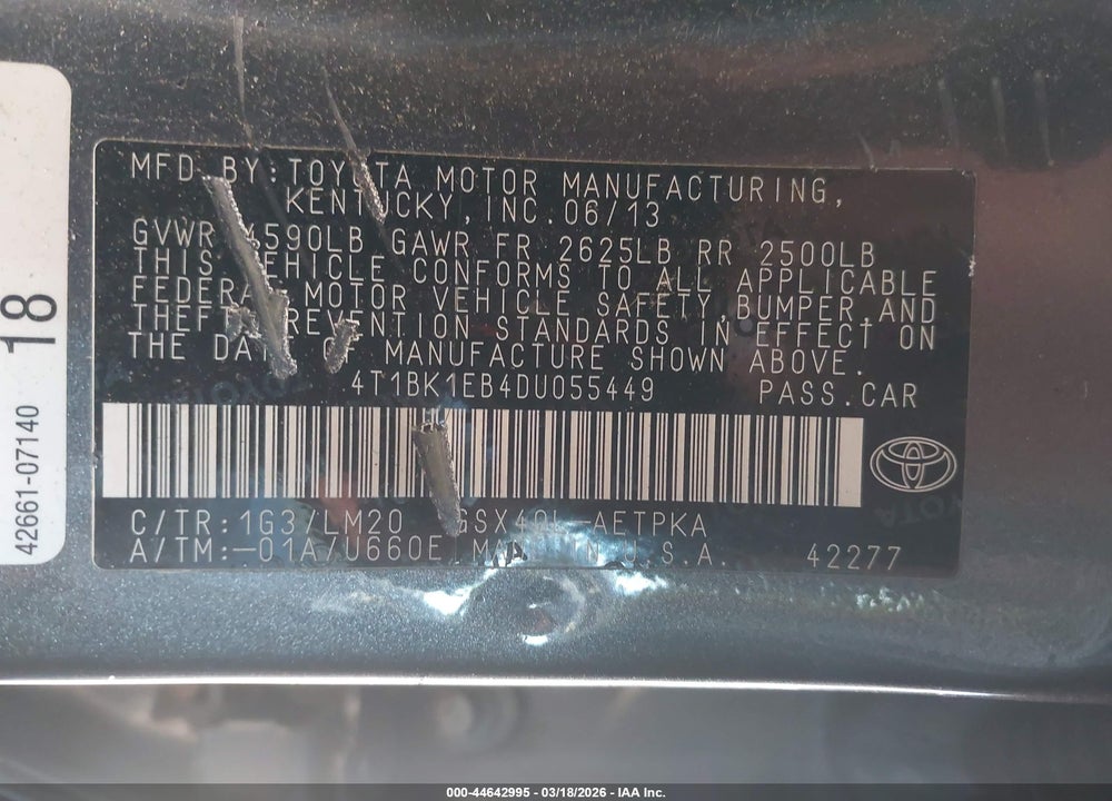 2013 TOYOTA AVALON LIMITED VIN: 4T1BK1EB4DU055449