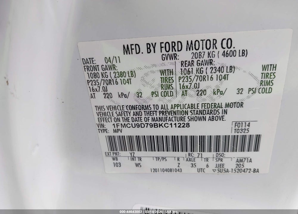 2011 FORD ESCAPE XLT VIN: 1FMCU9D79BKC11228
