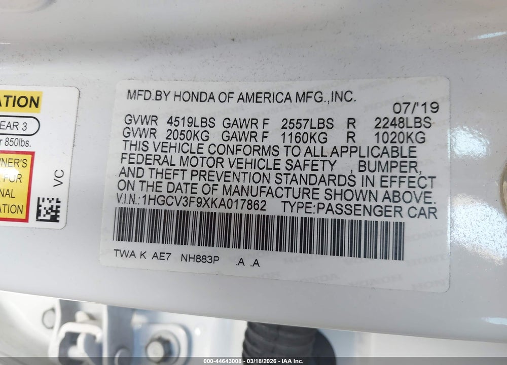 2019 HONDA ACCORD HYBRID TOURING VIN: 1HGCV3F9XKA017862