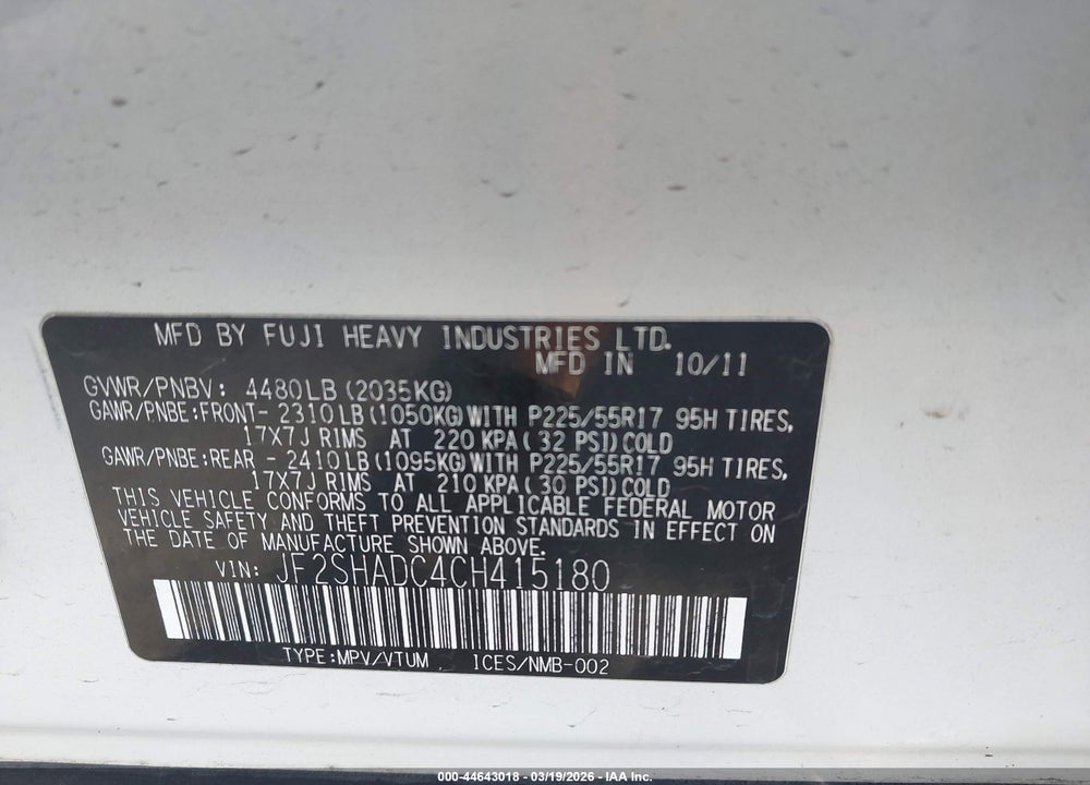 2012 SUBARU FORESTER 2.5X PREMIUM VIN: JF2SHADC4CH415180
